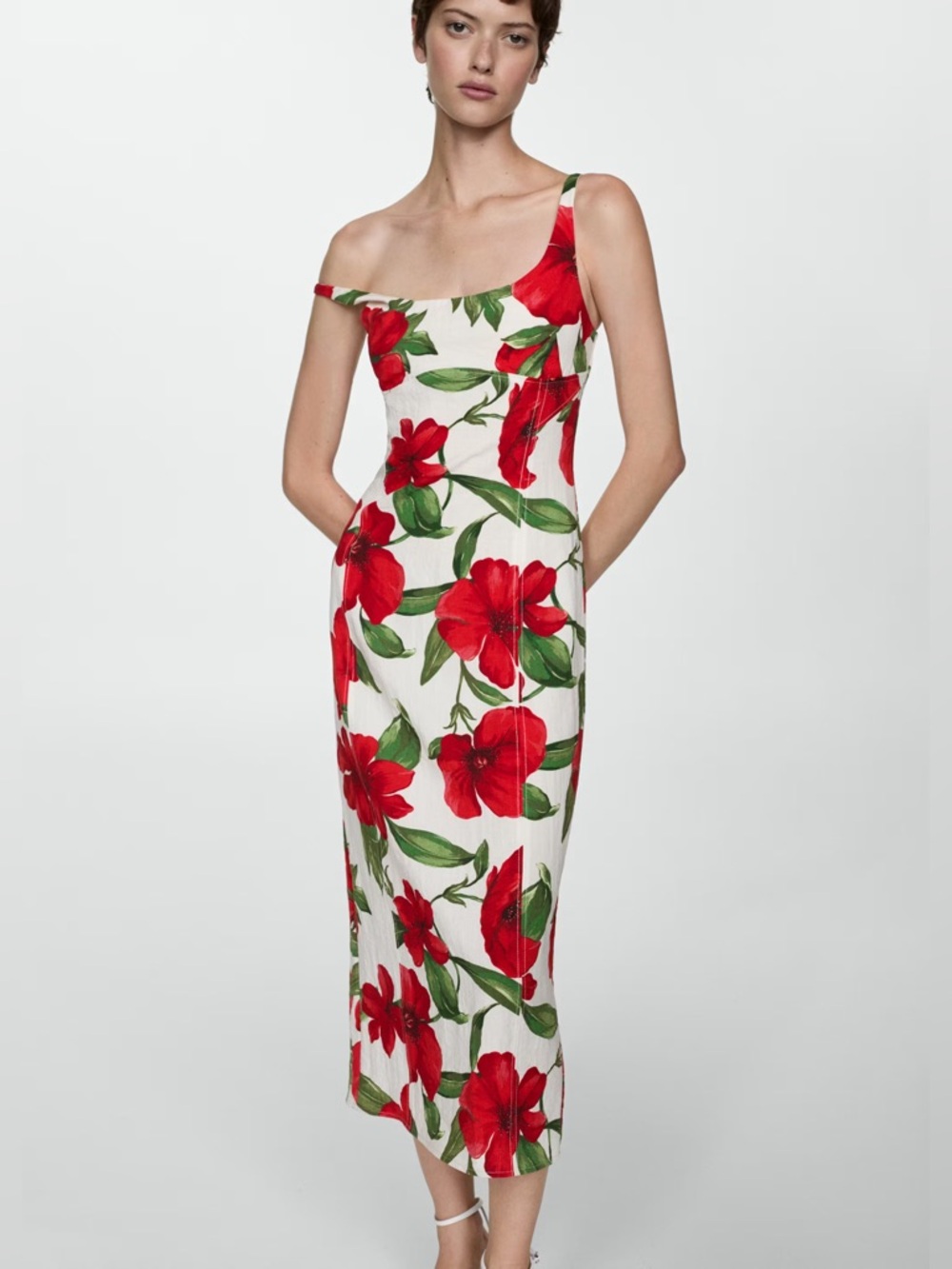 Mango One-Shoulder White Dress with Red Floral Print